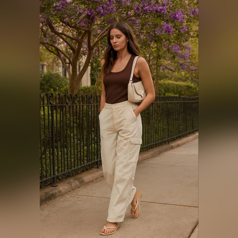 Hunter & Brown Cream Wide Leg Pants XL Lightweight Casual Linen Blend Trousers
